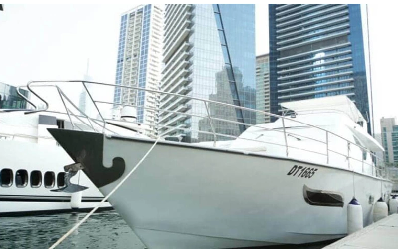 Sleek exterior view of 75ft Al Wasmi Yacht – yacht rental Dubai by Mala Yachts