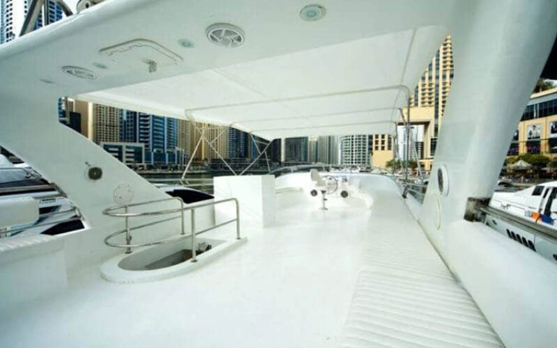 Elegant indoor seating on Al Wasmi Yacht – Mala Yachts yacht rental in Dubai