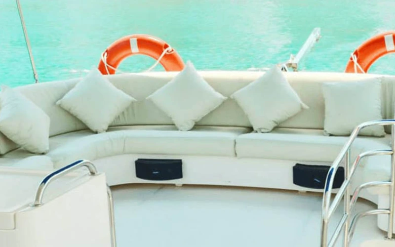 Elegant lounge area inside Gulf Craft 55ft yacht – yacht rental Dubai by Mala Yachts