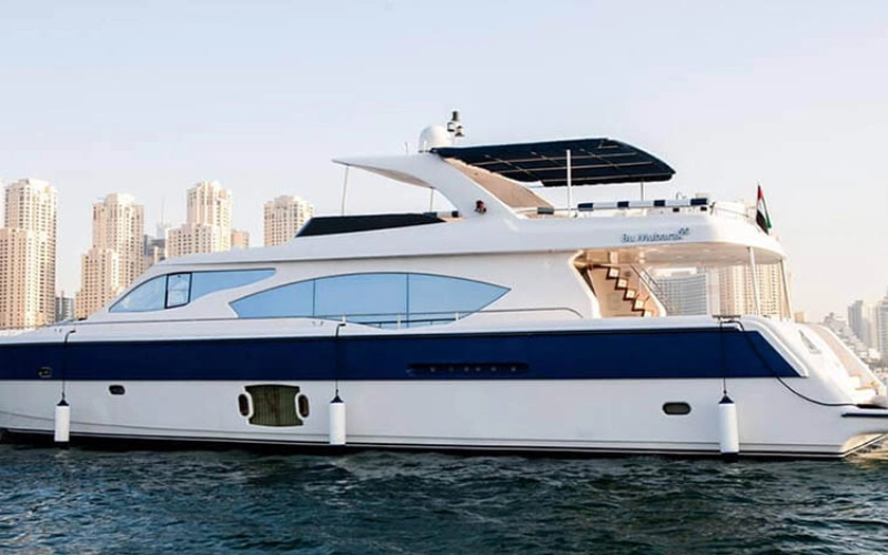 Vasco De Gama Yacht cruising near Dubai skyline – yacht rental Dubai by Mala Yachts