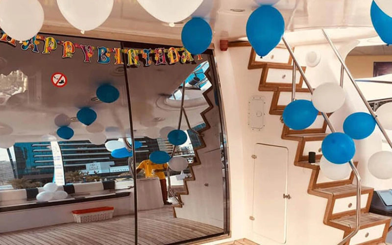 Outdoor deck with sea views on Vasco De Gama Yacht – yacht rental Dubai by Mala Yachts