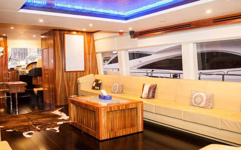 Luxurious sofa lounge inside Vasco De Gama Yacht – yacht rental Dubai by Mala Yachts