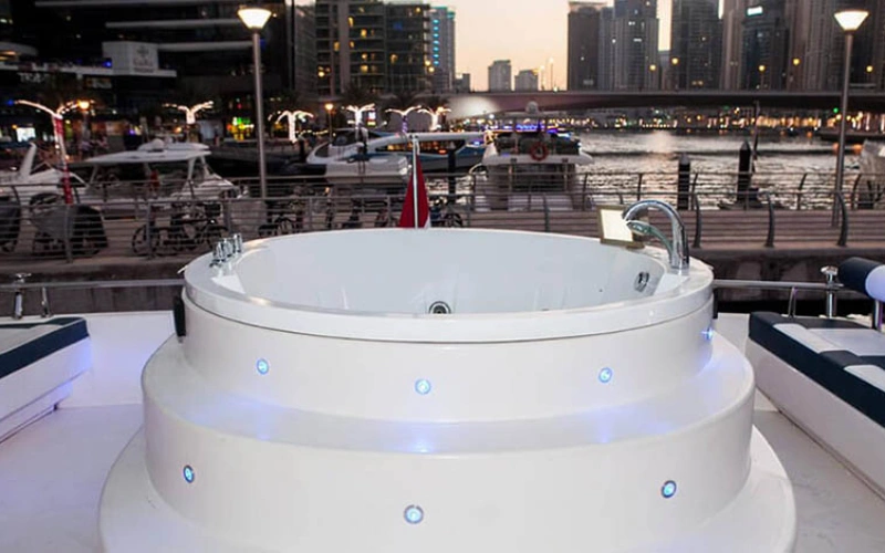 Luxury jacuzzi on deck of Vasco De Gama Yacht – yacht rental Dubai by Mala Yachts