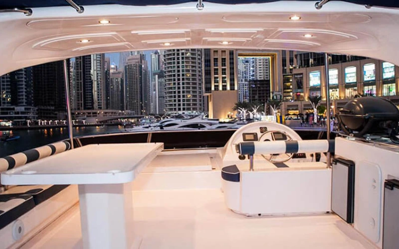Comfortable sofa seating in main salon – Mala Yachts yacht rental in Dubai