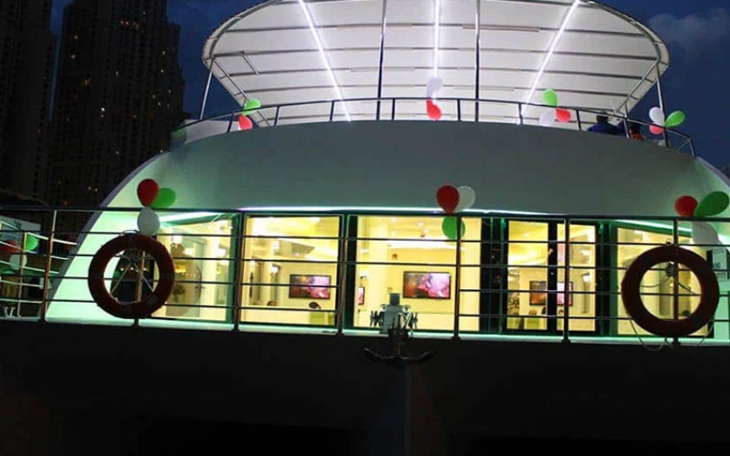 Open-air deck on Mona Lisa Yacht with sea view – yacht rental Dubai by Mala Yachts