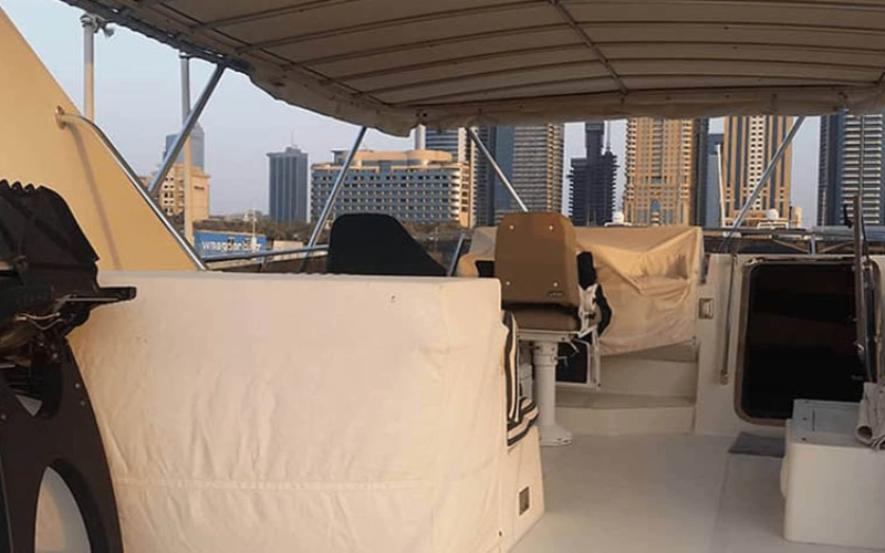 Elegant indoor lounge on 62ft yacht – yacht rental Dubai by Mala Yachts