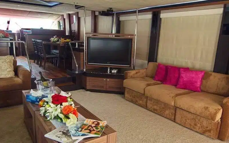 Luxurious sofa lounge on 77ft yacht – yacht rental Dubai with Mala Yachts