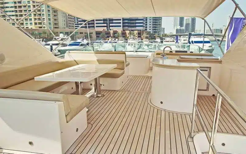 Open-air sun deck of 77 feet yacht – yacht rental in Dubai by Mala Yachts