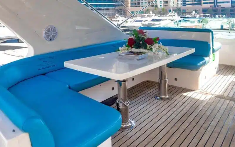 Luxurious interior lounge of 77 feet yacht – yacht rental Dubai by Mala Yachts