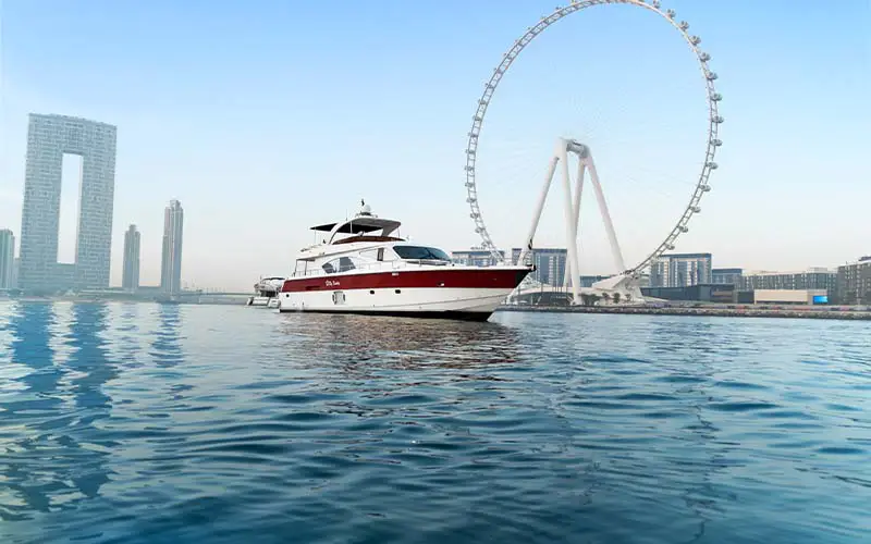 "Majesty Emerald 88 Yacht cruising near Dubai skyline – premium choice for yacht rental Dubai by Mala Yachts."