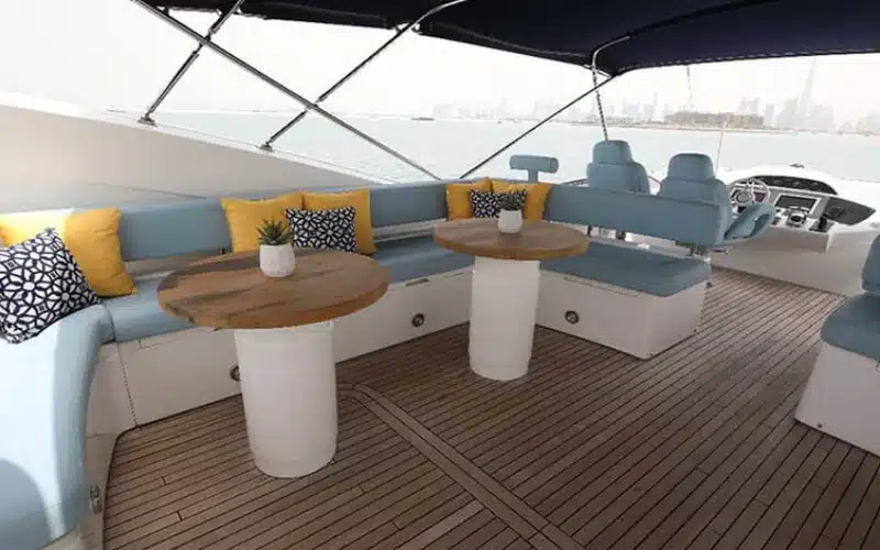 "Luxurious lounge inside Notorious Yacht by Mala Yachts – ideal for a premium yacht rental Dubai experience."