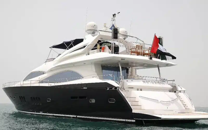 "Outdoor deck area on Notorious Yacht – perfect for events and yacht rental in Dubai with Mala Yachts."