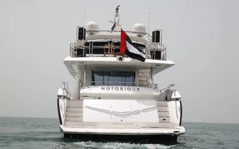 "Side view of Notorious Yacht by Mala Yachts – sleek and stylish option for yacht rental Dubai."