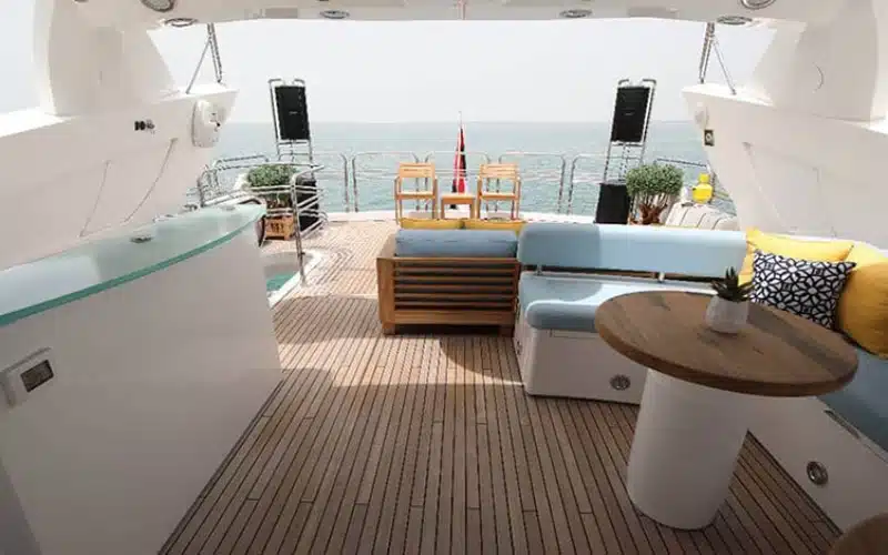 "Comfortable sitting area on Notorious Yacht – ideal for socializing during yacht rental in Dubai by Mala Yachts."