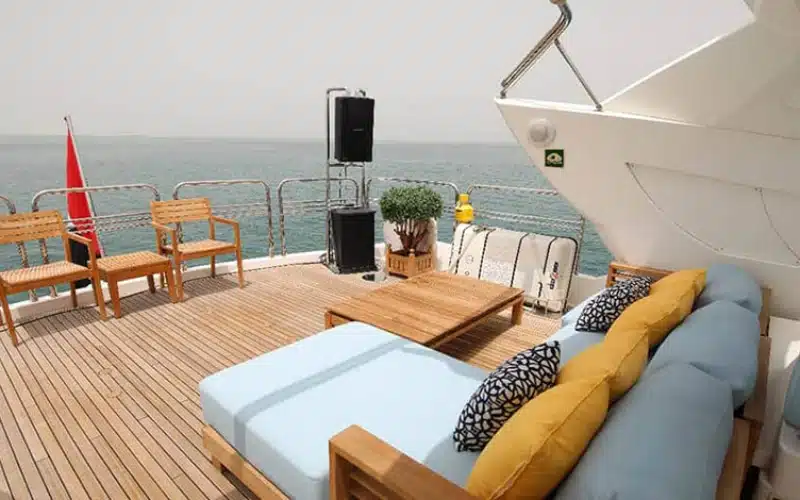 "Spacious outdoor deck on Notorious Yacht – enjoy open-air relaxation with Mala Yachts’ yacht rental Dubai."
