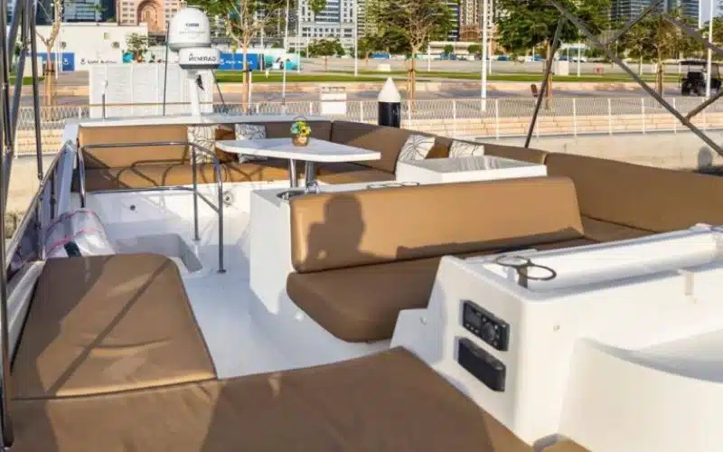 "Outdoor deck of Majesty 48 Yacht by Mala Yachts – perfect for open-air yacht rental Dubai moments."