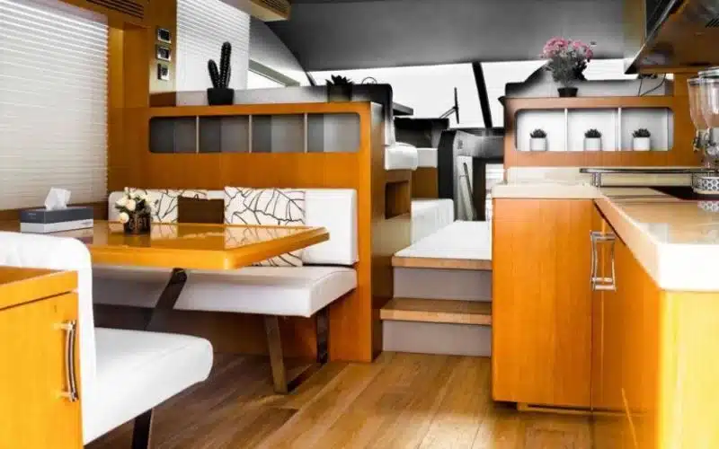 "Compact yet stylish galley kitchen – enjoy every moment with Mala Yachts' yacht rental in Dubai."