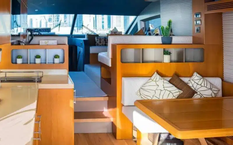 "Spacious salon with sleek design inside Majesty 48 – top choice for yacht rental in Dubai."
