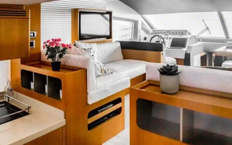 "Modern interior lounge of Majesty 48 Yacht by Mala Yachts – perfect for luxury yacht rental Dubai."