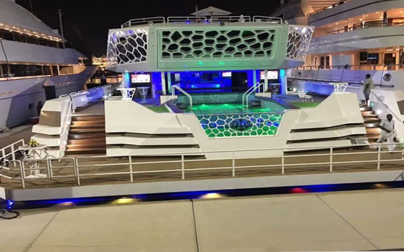 Luxurious upper deck view on Lotus Mega Yacht – premium yacht rental in Dubai by Mala Yachts.