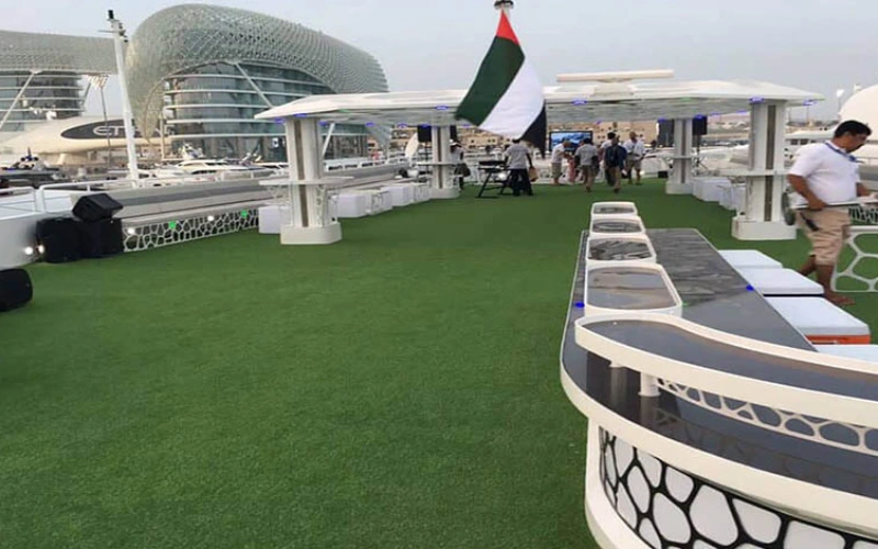 Indoor entertainment lounge on Lotus Mega Yacht by Mala Yachts – yacht rental in Dubai with comfort.