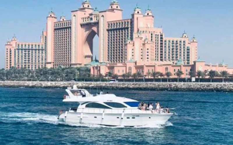 Spacious rear deck of Mercury Yacht ready for outdoor dining – exclusive setup via yacht rental in Dubai by Mala Yachts