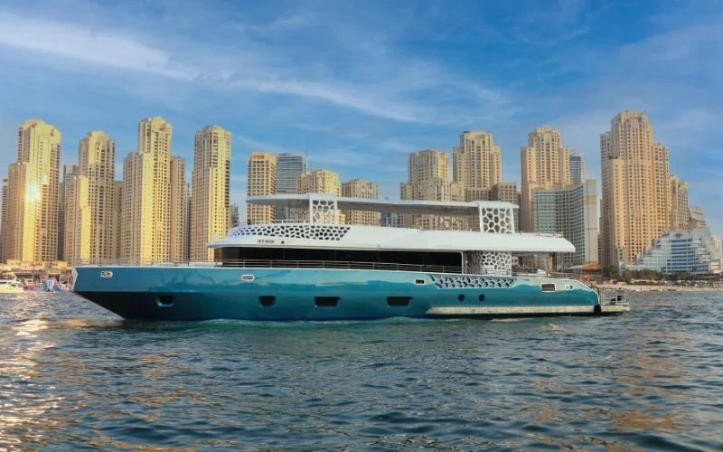 Upper deck view of Arabian Pearl Yacht perfect for sunset cruises – memorable experiences with yacht rental Dubai by Mala Yachts