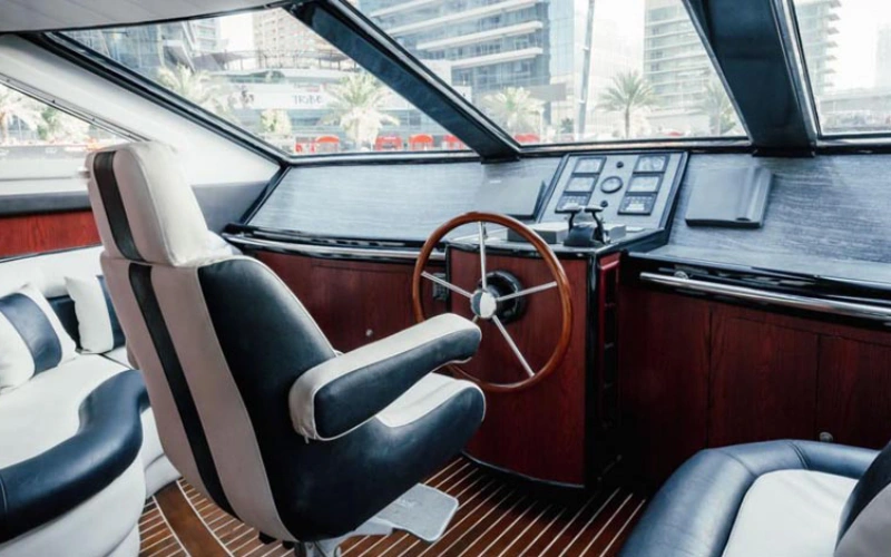State-of-the-art captain area on Ocean Pearl Yacht equipped with advanced navigation systems – cruise with confidence through Mala Yachts yacht rental in Dubai
