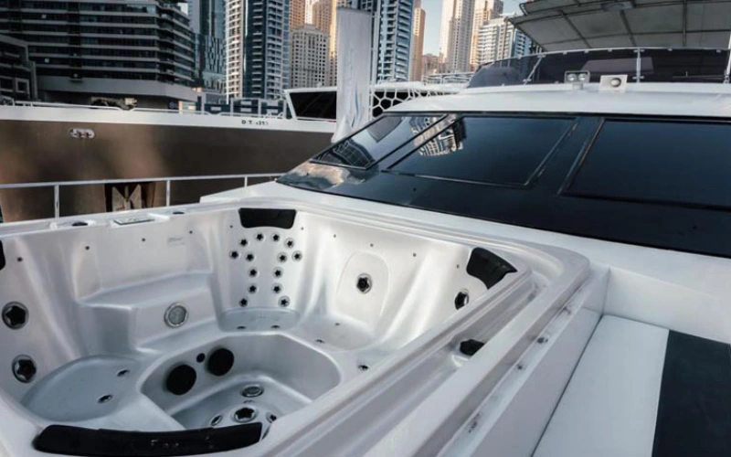 Spacious upper deck on Ocean Pearl Yacht perfect for parties and gatherings – luxury events with Mala Yachts yacht rental Dubai