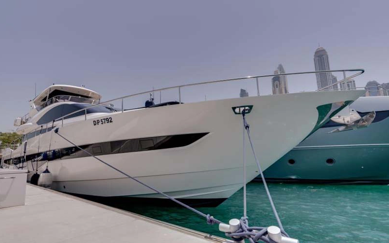 Top deck of 78 Feet Yacht with stunning Dubai skyline backdrop – book now with Mala Yachts yacht rental in Dubai