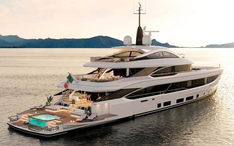 Sunset silhouette of Code 8 yacht with stunning reflections – experience this with Mala Yachts yacht rental Dubai