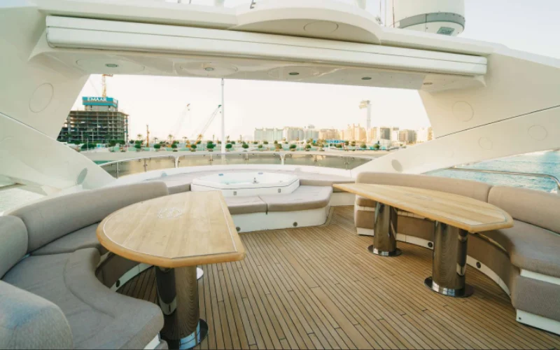 Front sunbathing area on Lucien 131 featuring cushioned seating – perfect for outdoor relaxation with yacht rental in Dubai by Mala Yachts