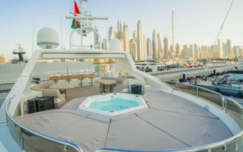 Upper deck of Lucien 131 yacht with open-air lounge and panoramic views – enjoy outdoor luxury with Mala Yachts yacht rental Dubai
