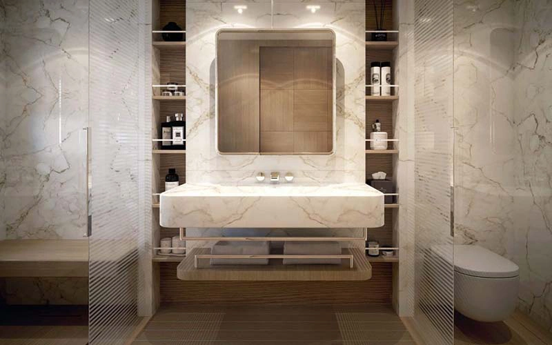Modern bathroom on Code 8 yacht with sleek fittings and marine-style design – part of the luxury experience with Mala Yachts yacht rental in Dubai