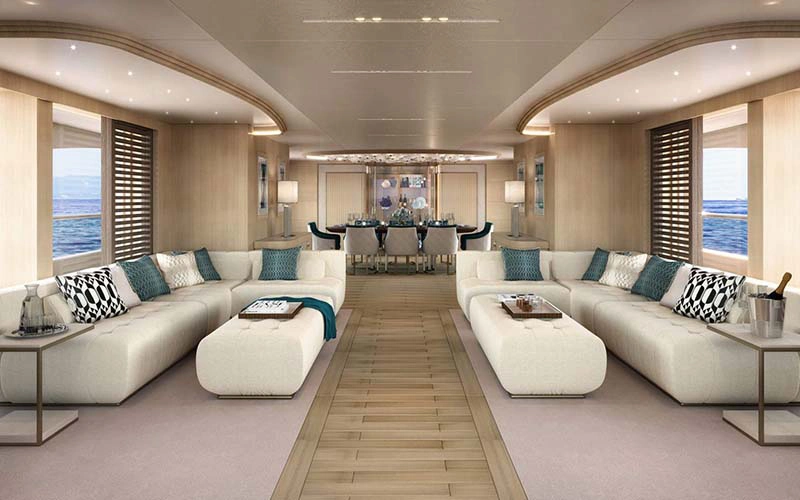 Modern indoor seating on Code 8 yacht with marine-inspired décor – available through Mala Yachts yacht rental Dubai