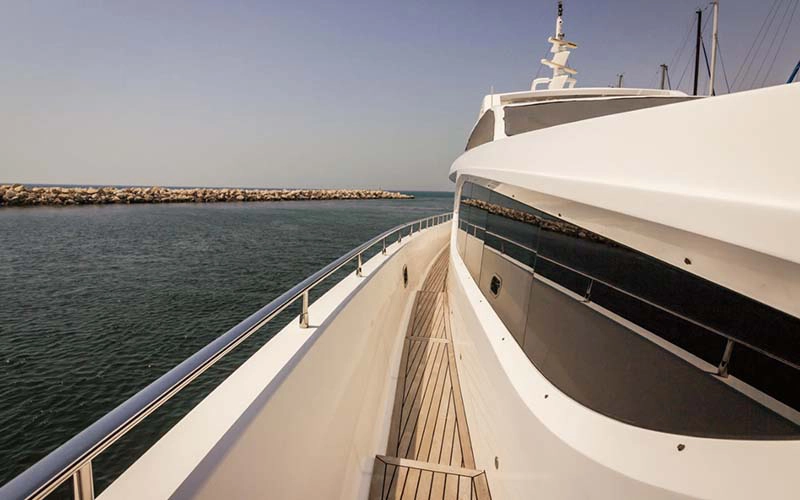 Aerial view of Majesty 121ft yacht with spacious decks – featured in Mala Yachts’ luxury yacht rental Dubai