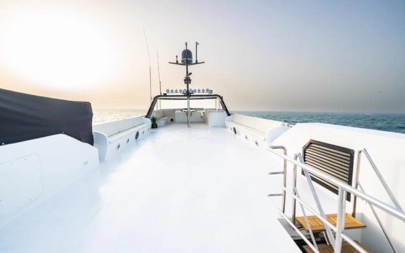 Bridge of 151ft Yacht with high-tech navigation controls and 360-degree visibility
