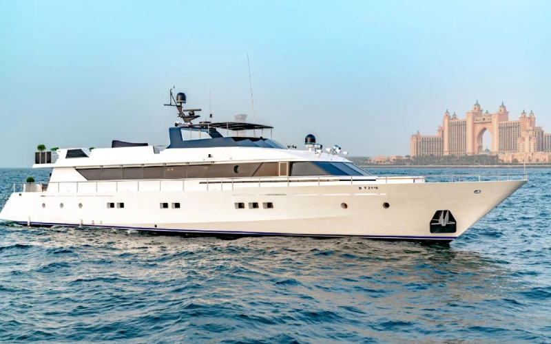 Side profile of 151ft Yacht showcasing its multi-deck structure and sleek white hull