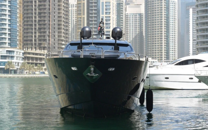 Rear view of Black Beauty Yacht with swim platform and open entertainment area