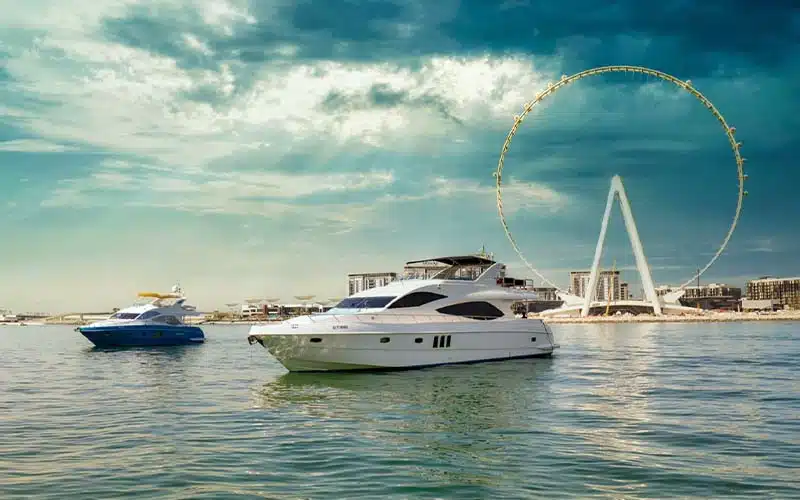 Spacious main salon on Ocean Seeker 1 Yacht featuring L-shaped sofas, full-length windows, and a cozy lounge ambiance