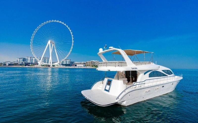 Side profile of Ocean Seeker II anchored near coastline, showing panoramic windows, sun lounging areas, and a polished white superstructure