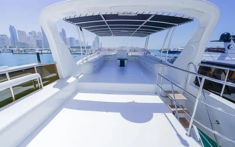 Captain’s helm area on Sea Fish Yacht with navigation controls, captain chair, and forward-facing windows for clear visibility