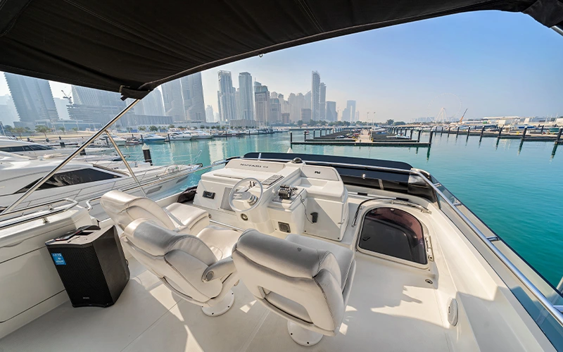 Aerial view of Lava Yacht cruising in turquoise waters with spacious decks and open-air lounge areas