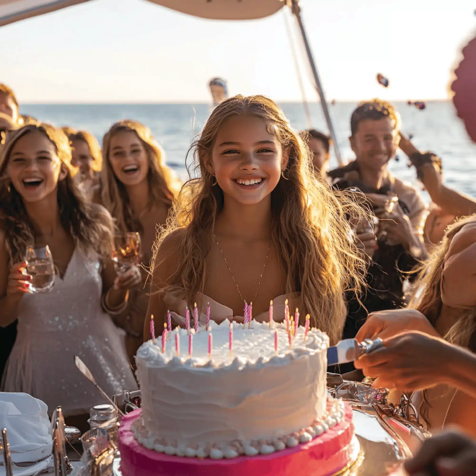 Celebrate unforgettable moments with a spectacular yacht birthday party by Mala Yachts in Dubai, featuring joyful guests and personalized events with yacht rental Dubai.