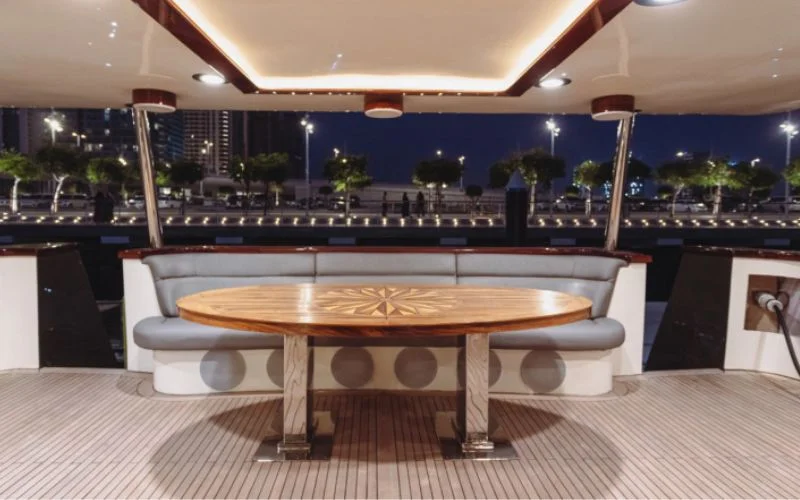 Compact galley with stove and sink built into counter in D3 33 Yacht