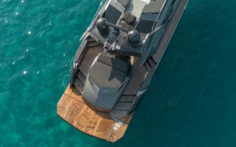 Spacious flybridge with seating area on Morrigan Yacht