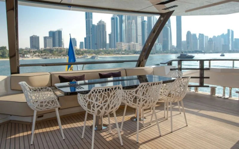 "Luxurious main lounge of Saffuriya yacht with elegant furnishings – Mala Yachts premium yacht rental in Dubai"