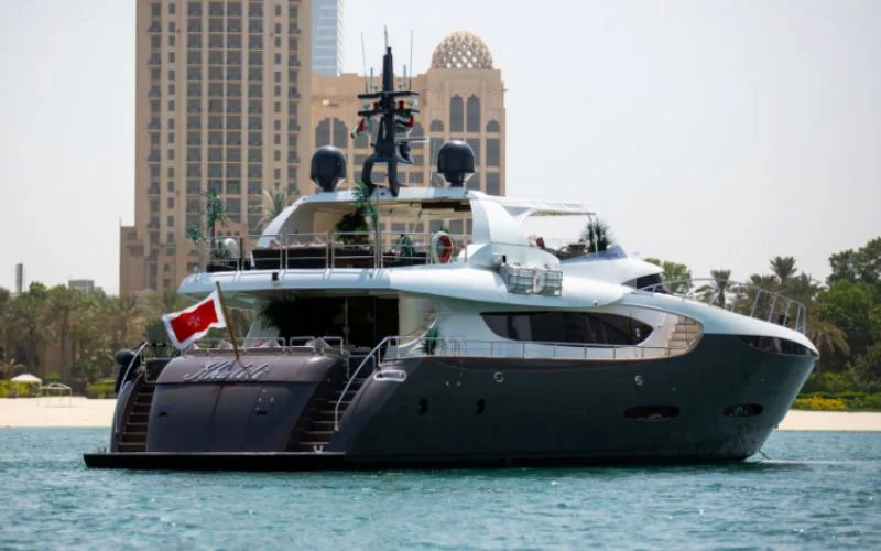 Bow of Khalili Yacht featuring sunbeds and stainless railings