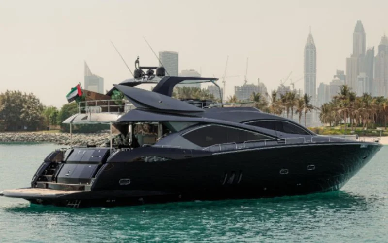 Flybridge lounge area with sunpads and ocean view on Matrix Yacht