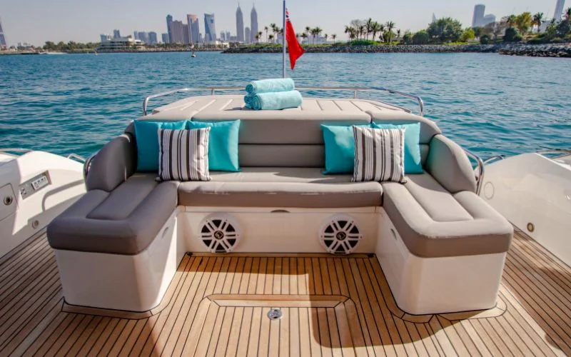 "Spacious dining area aboard Outlaw yacht – Mala Yachts trusted provider of yacht rental in Dubai"